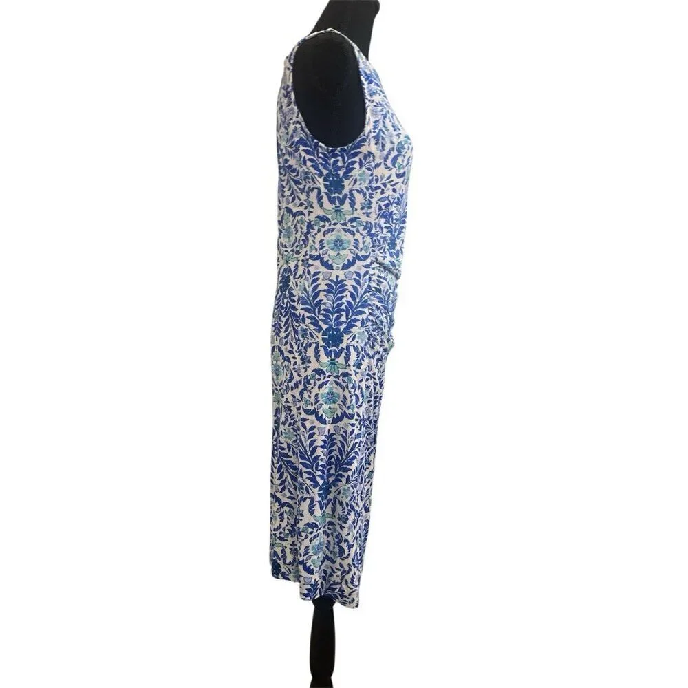 Tory Burch Ruched Knee Length Silk Dress Blue White Floral Print Lined Medium